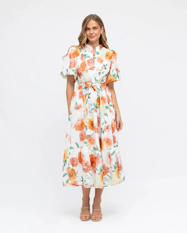 Floral Mandarin Collar Midi Dress