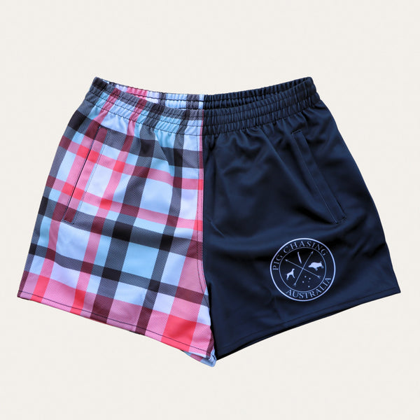 Plaid Footy Shorts - Blue/Black/Red - Zip Pockets