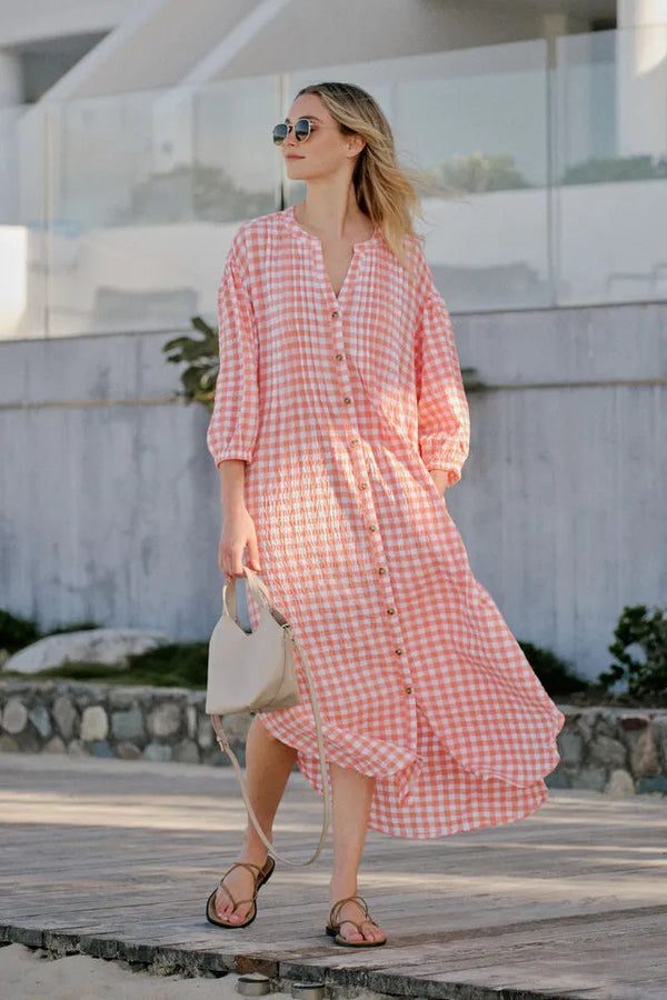 Crinkle Midi Gingham Dress in Coral White