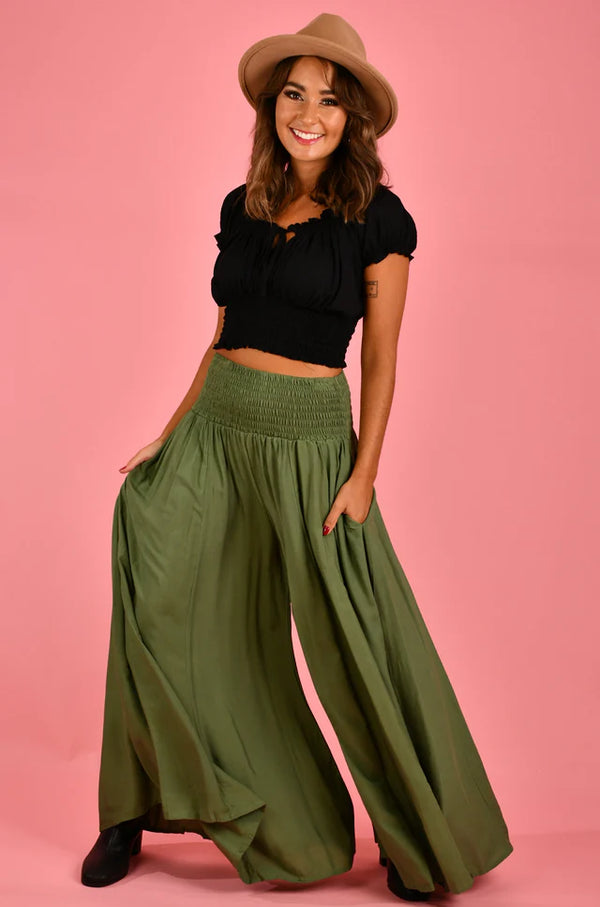 FREMANTLE ROUCHED WIDE LEG PANT - SOFT KHAKI