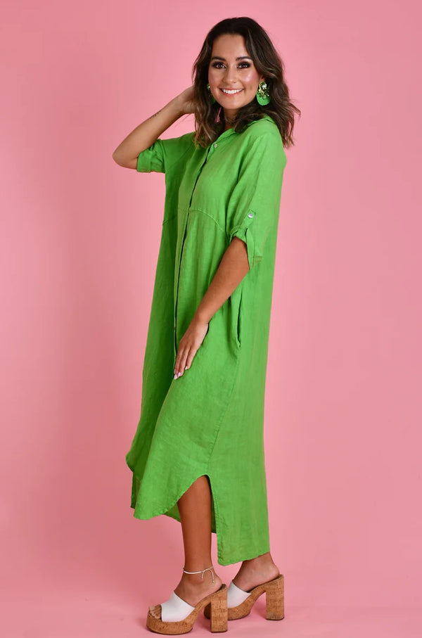 POSITANO LINEN BUTTON DRESS - LIME