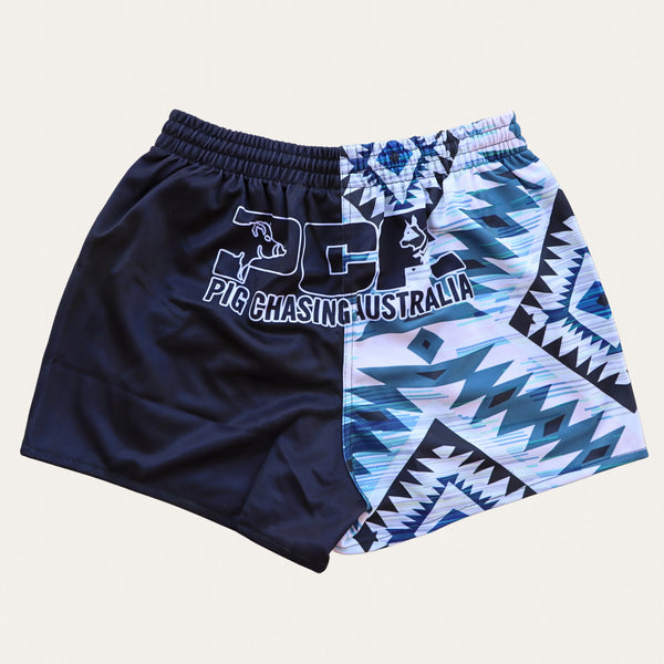 Footy Shorts - Blue/Black Aztec - ZIP Pockets!