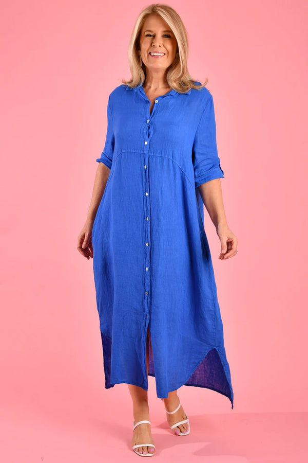 Positano Linen Button Dress - Cobalt Blue