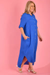 Positano Linen Button Dress - Cobalt Blue