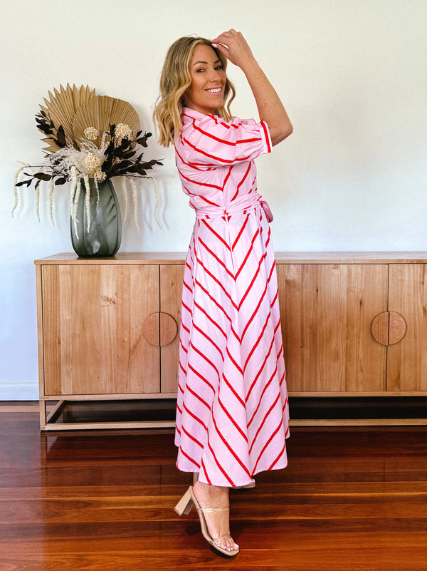 The Bianca Dress in Pink with Red Stripes