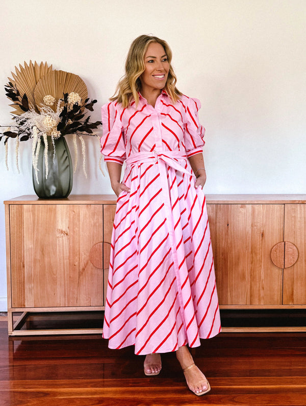 The Bianca Dress in Pink with Red Stripes