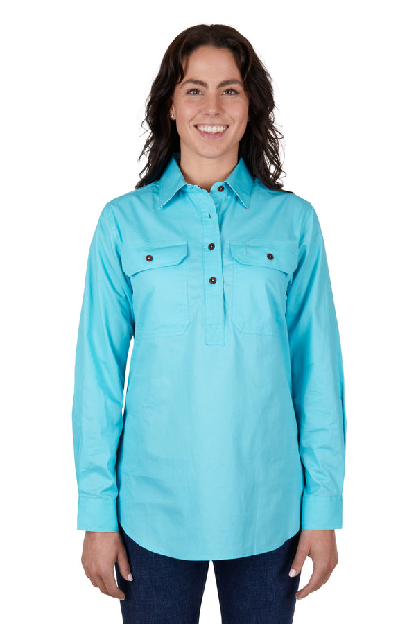 Thomas Cook Women's Light Drill Half Placket Long Sleeve Shirt with contrast Trims