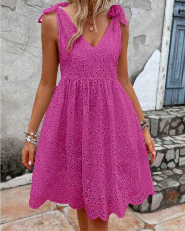 The Blossom Radiance Tie V-Neck Eyelet Embroidery Mini Dress - Hot Pink