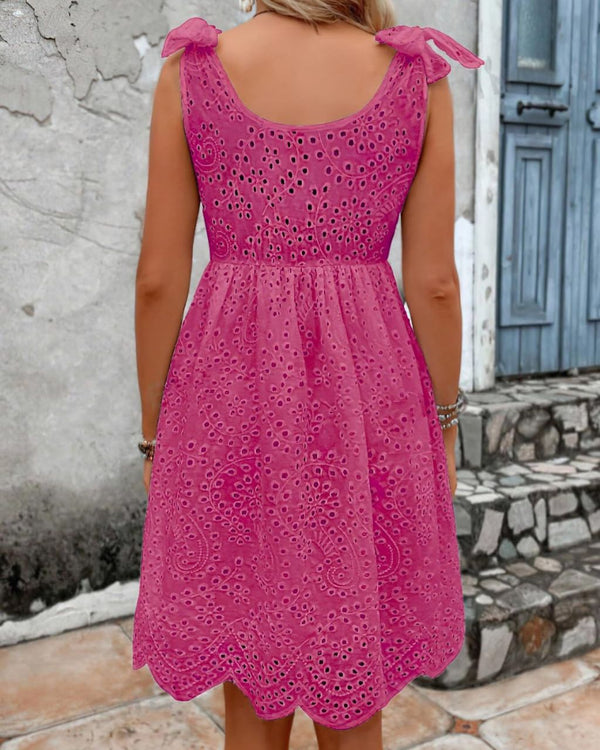 The Blossom Radiance Tie V-Neck Eyelet Embroidery Mini Dress - Hot Pink